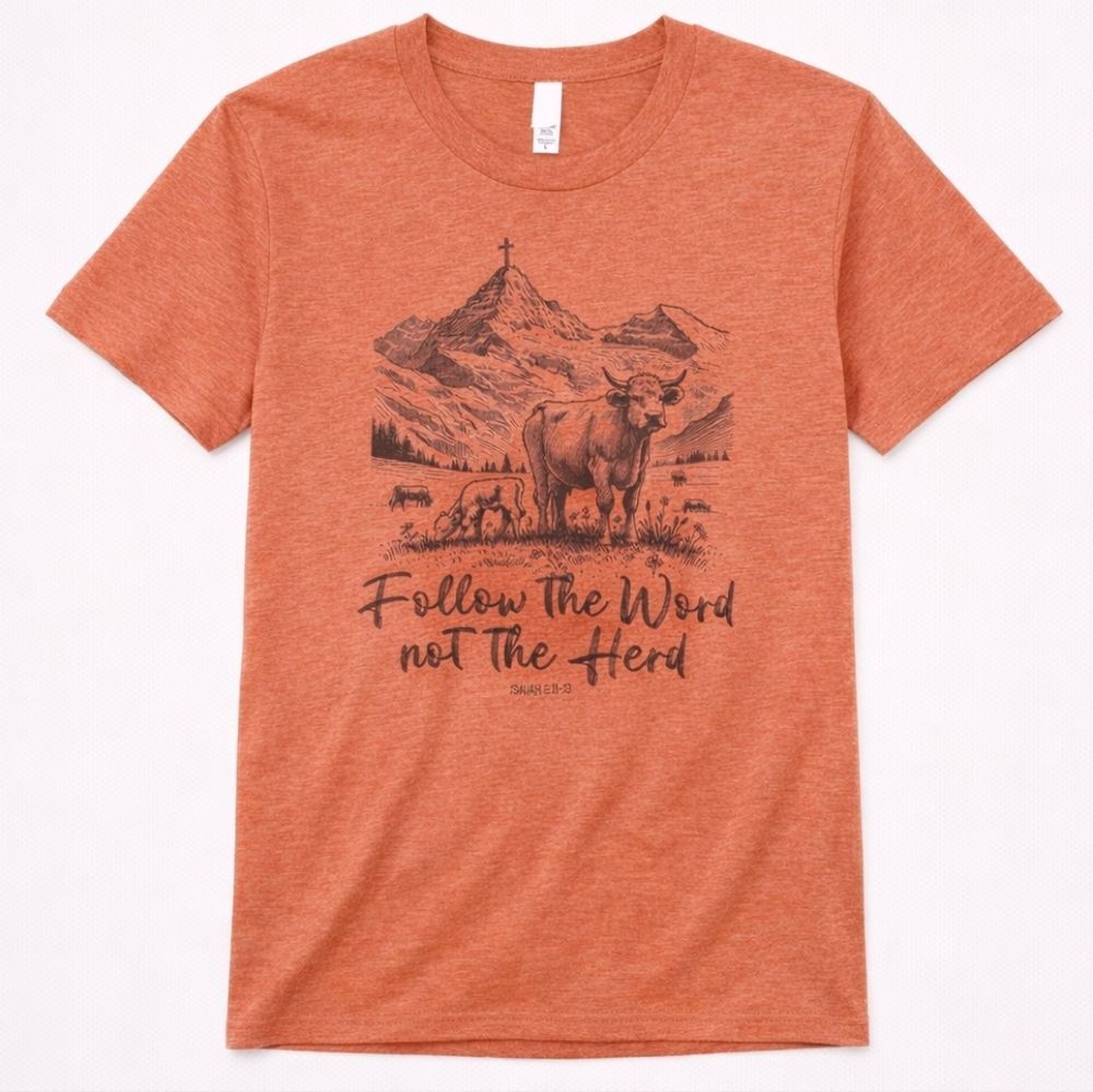 2 for $20 Love & Faith Follow The Word Not The Herd Terracotta Tee NWT L Western - Picture 3 of 4